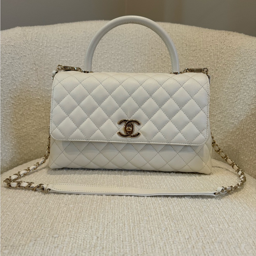 SOLD NEW Chanel White Caviar Quilted Coco Flap Top Handle Strap Bag Gold Hardwar